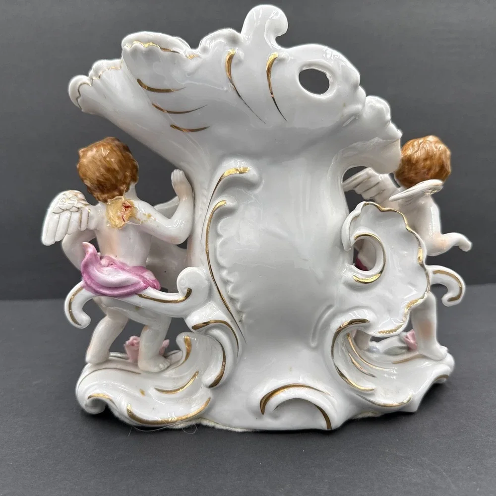 Vintage UCAGCO Ceramics Japan Winged Cherubs Roses‎ Vase Damaged